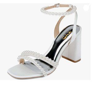 XYD Soft White Pearl Strappy Bridal Open Toe Block Heels Ankle Strap Sandals